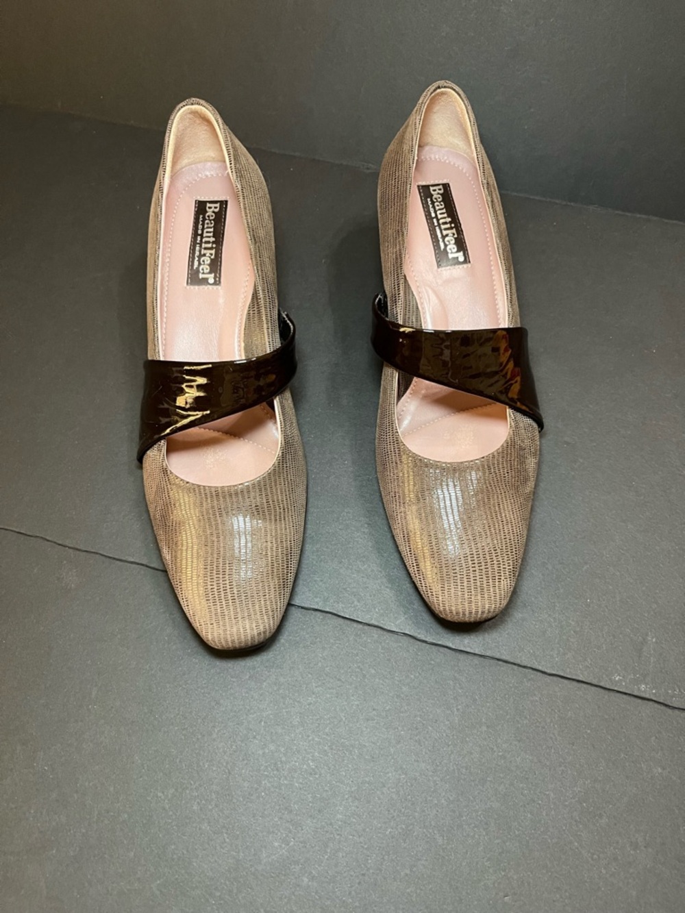 BeautiFeel Taupe Mallory Pumps with Brown/burgundy(ish)  Patent Crossover Strap